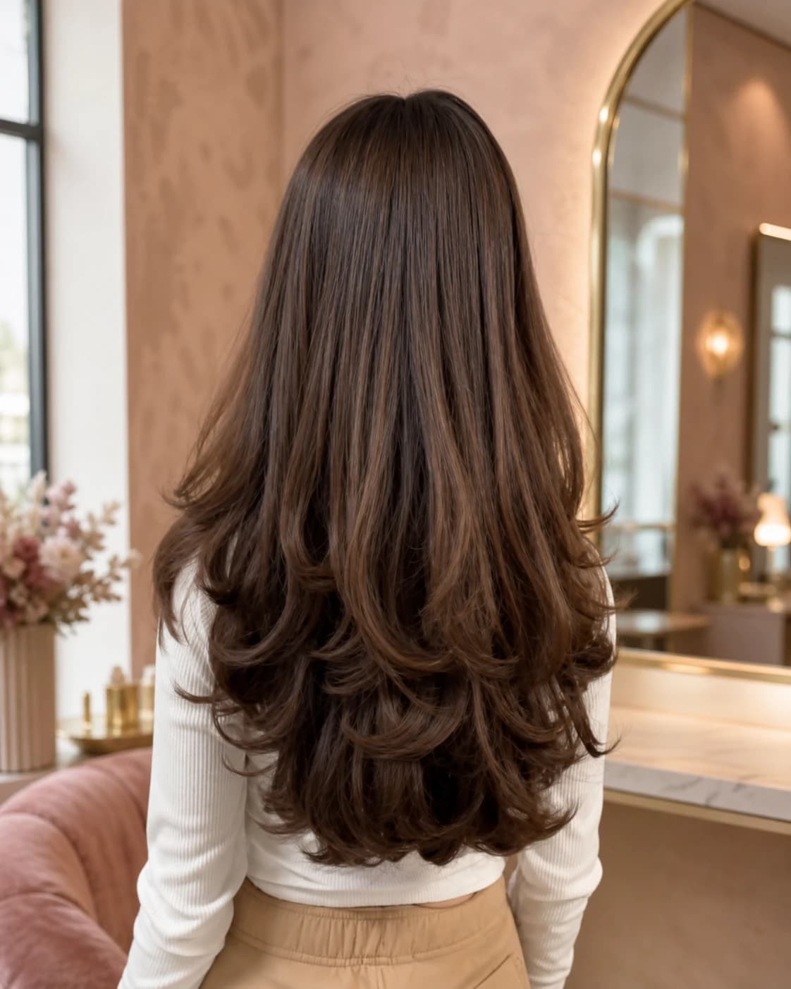 Rear view of long glossy chestnut-brown layered hair finished with soft curled ends in a blush-toned salon