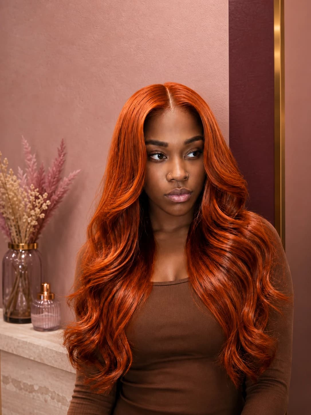 Client with long polished copper waves styled by Katty Hair Studio