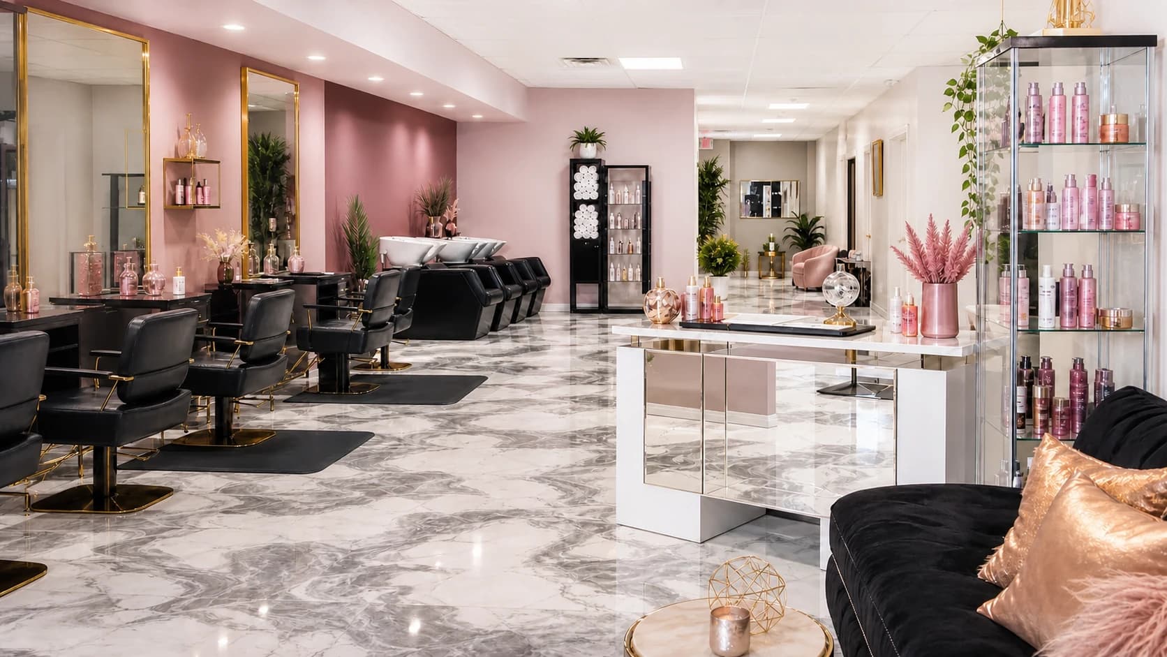 Warm modern salon interior with marble floors, black styling chairs, blush accents, and gold details